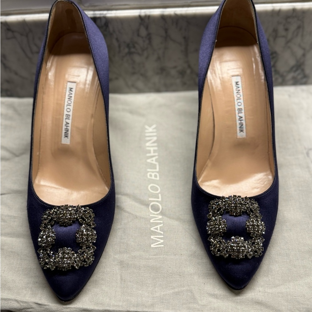 Manolo Blahnik Hangisi Blue Heels with Crystal Embellishment